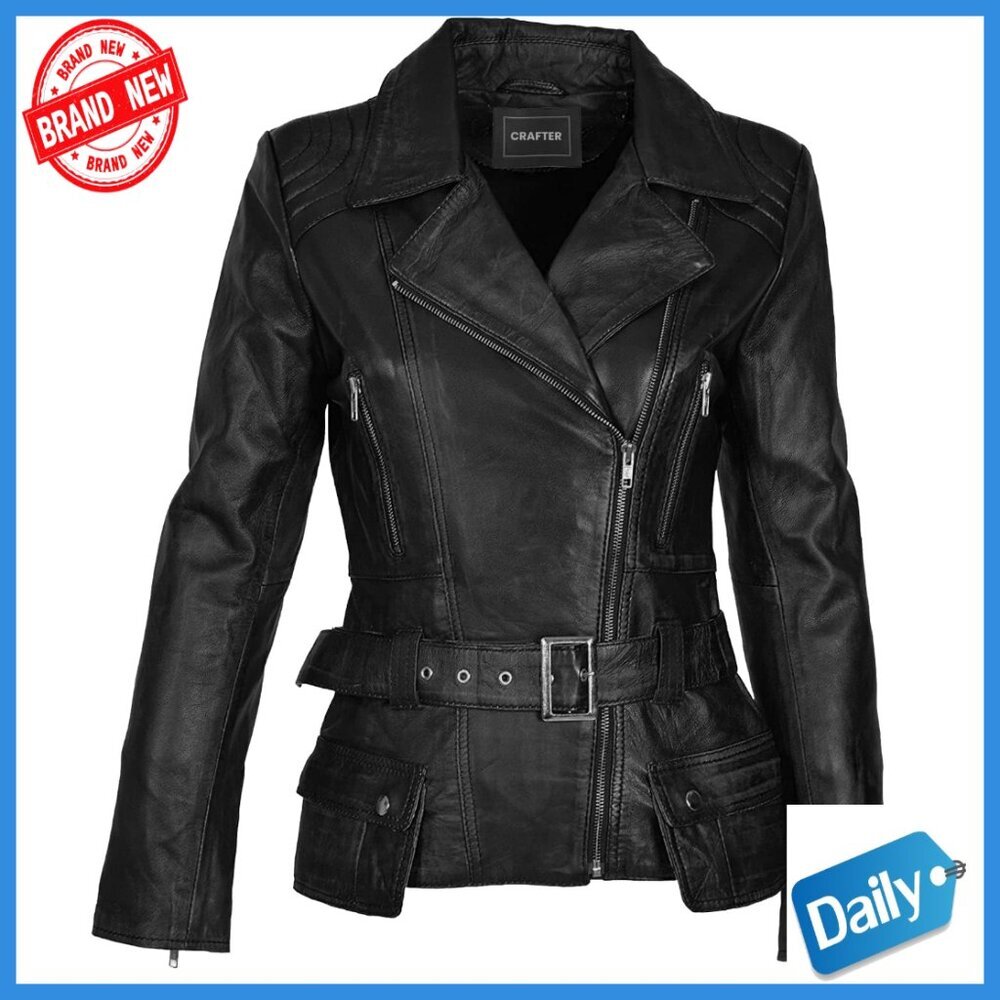 Genuine Lambskin Leather Jacket Women's Classic Rider Moto Style